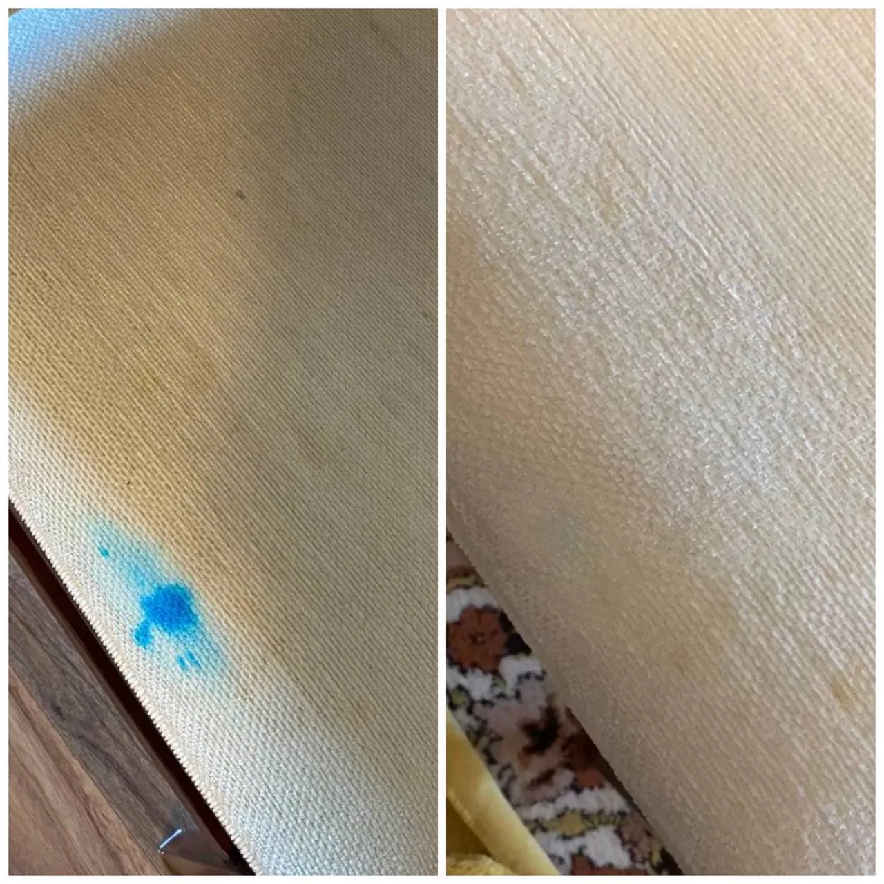 Blauer Fleck auf hellem Polster vor und nach der Behandlung
