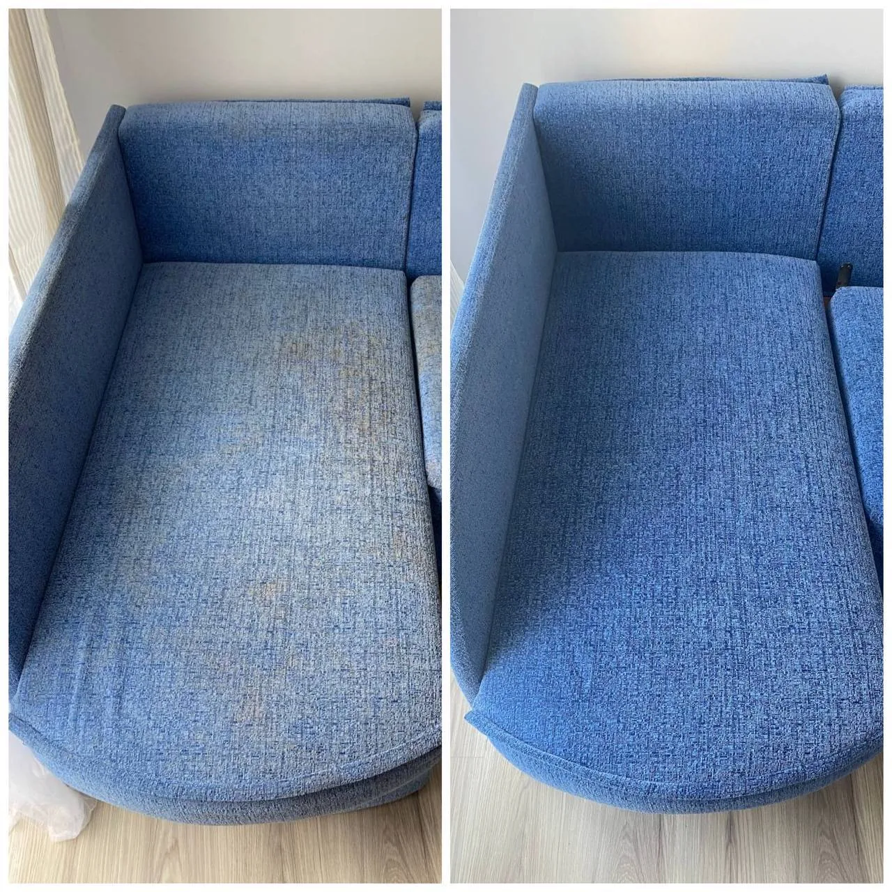 Blauer Sessel vor und nach der Polsterreinigung