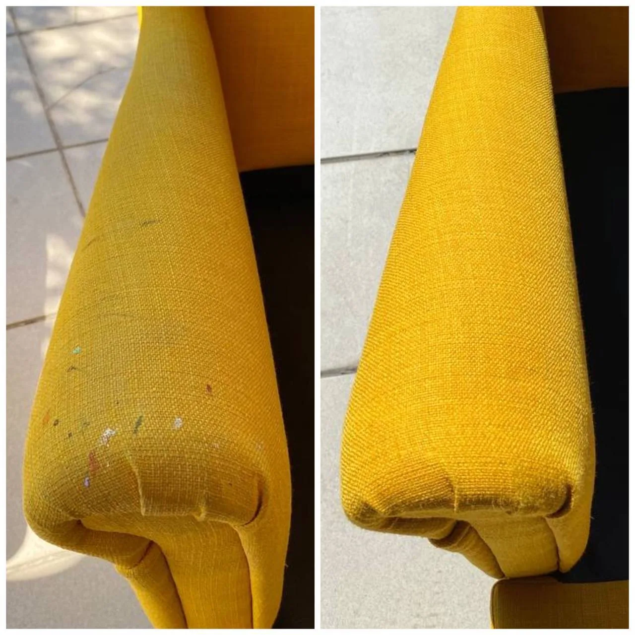Gelbe Sesselarmlehne vor und nach der Fleckenbehandlung