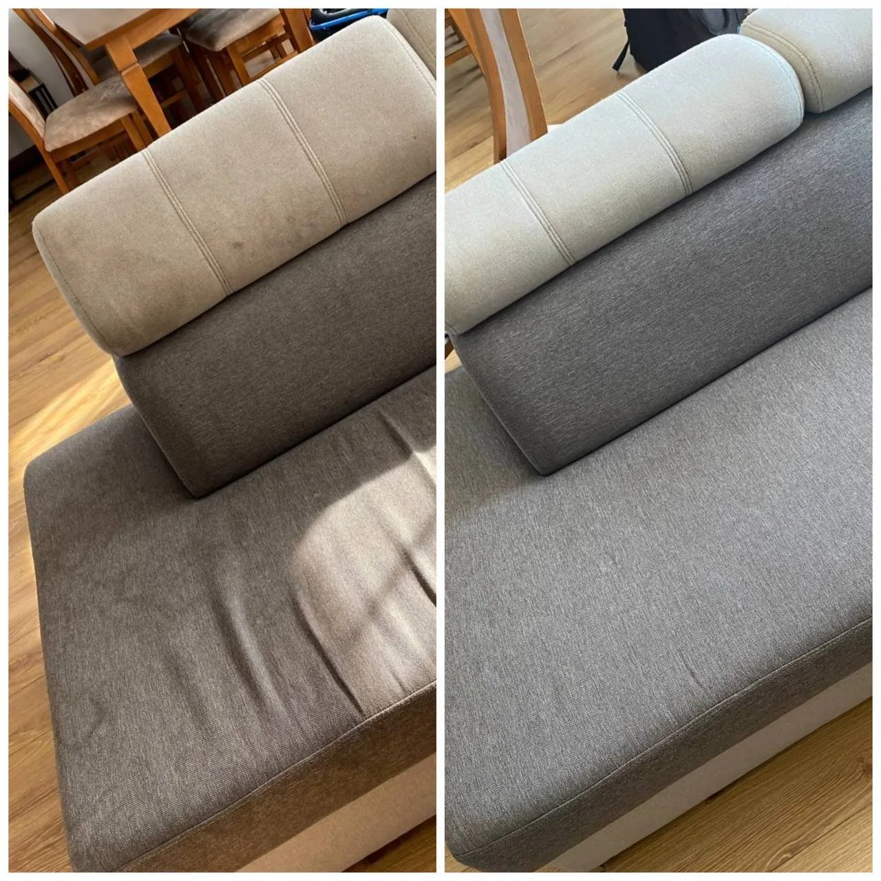 Graues Sofa mit hellen Kissen vor und nach der Reinigung