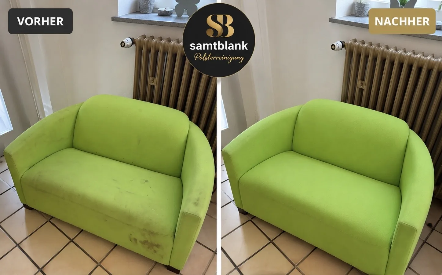 Grüne Couch vor und nach der professionellen Reinigung