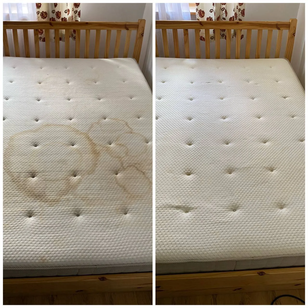 Matratze mit Flecken vor und nach der Reinigung